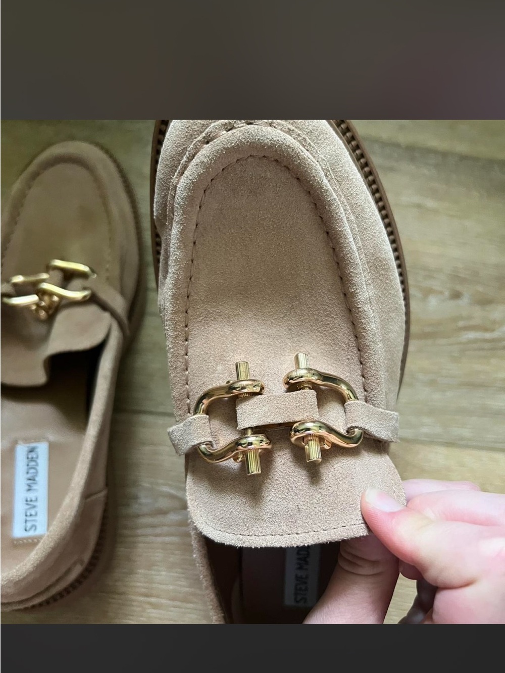 Steve Madden Kalon Beige Suede Loafers with Gold Chain Detail